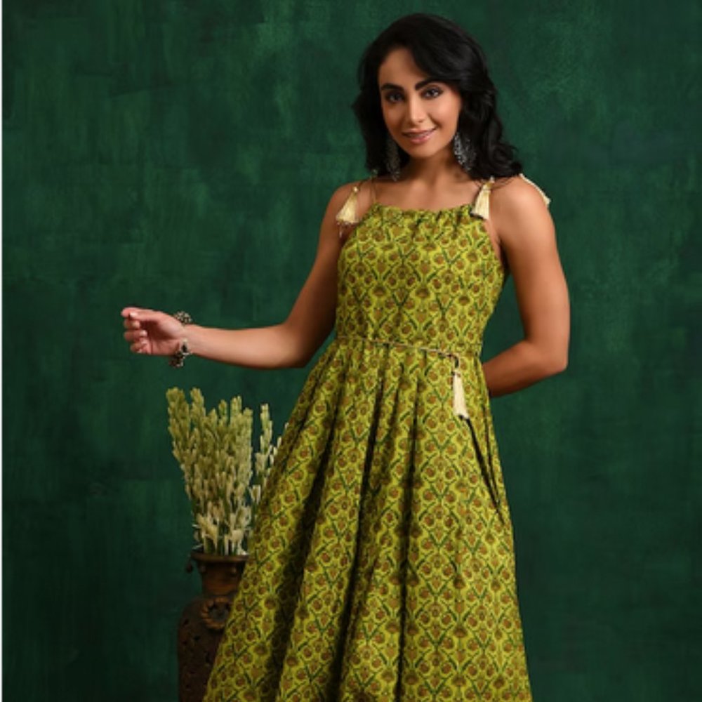 Floral Printed Shoulder Strap Tie-Ups Cotton Maxi Ethnic Dress